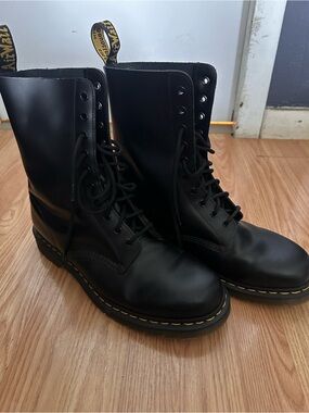 Dr. Martens Black Leather 8-Eye Lace-Up Boots with Yellow Stitching